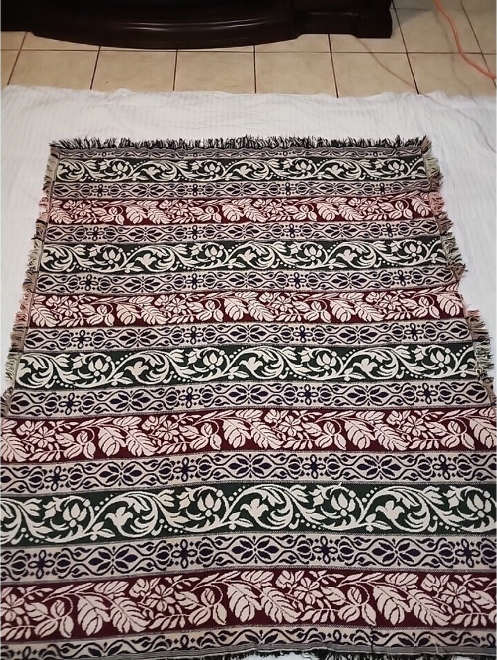 Afghan Throw Blanket Woven Cotton 90s Era Burgundy, Navy, Green 58"× 50"